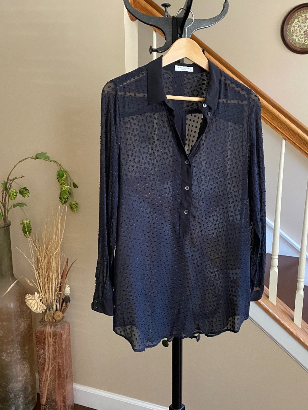 Equipment Femme Black Silk Swiss Dot Sheer Tunic Blouse Size Small